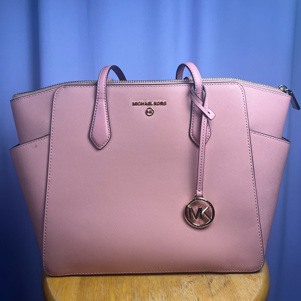 Michael Kors Marilyn Medium Structured Top Zip Leather Tote Coral Pink Classic
